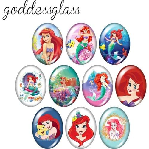 Disney Princess Mermaid Ariel 10pcs mixed 13x18mm/18x25mm/30x40mm Oval photo glass cabochon flat back bracelets Making findings