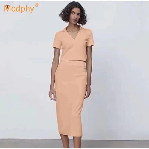 Free Shipping Pure Color Elegant Ladies 2 piece Set Short Sleeve Sweater Top & High Waist Pencil Skirt Suit Casual Party 2021