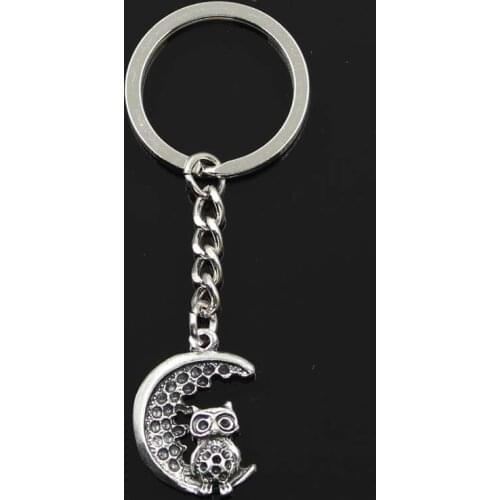 Fashion 3cm Key Ring Metal Key Chain Keychain Jewelry Antique Bronze Silver Color Plated Moon Owl 28x20mm Pendant