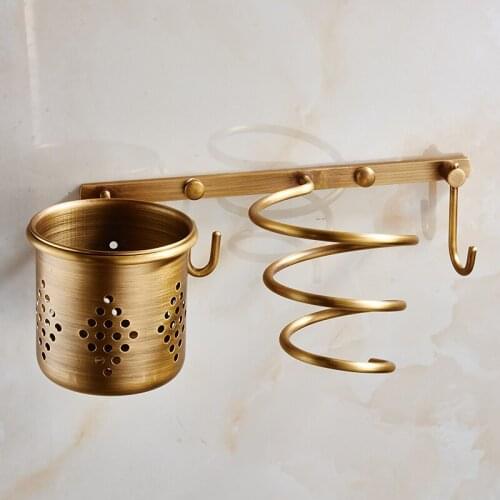 Hair Dryer Holder Antique Brass Hair Blow Dryer Holder Bathroom Shelf Rack Wall Mounted Washroom Accessories Bath Stand