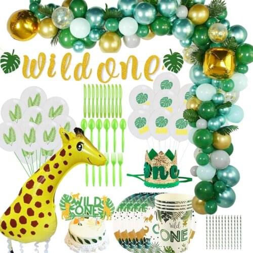 Wild One Birthday Party Decorations Kids Jungle Safari Animal Party supplies Balloon Birthday Party Decor plant sticker flag
