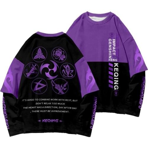 Game Genshin Impact Klee Paimon Keqing Qiqi Long Sleeve Pullover Digital Printing Round Neck Fake Two T-shirts