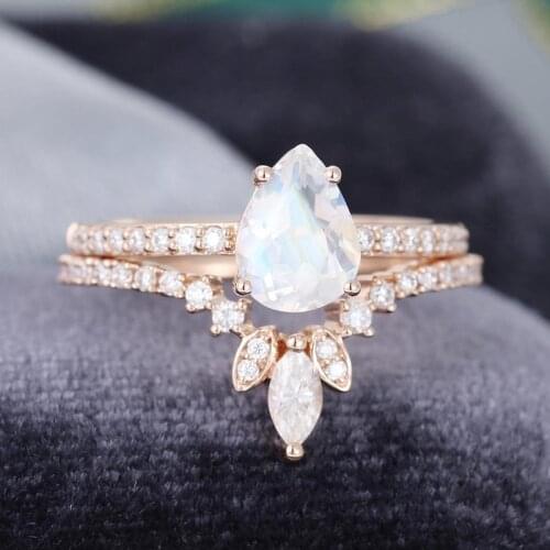 EDI Pear Shaped Moonstone Engagement Ring 14k Rose Gold Marquise Cut Moissanites Bridal Wedding Set Curved Band For Women