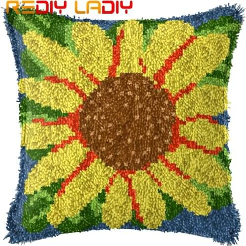 Latch Hook Cushion Yellow Sunflowers Pillow Case Printed Color Canvas Acrylic Yarn Latched Sofa Pillow Crochet Cushion Cover Kit