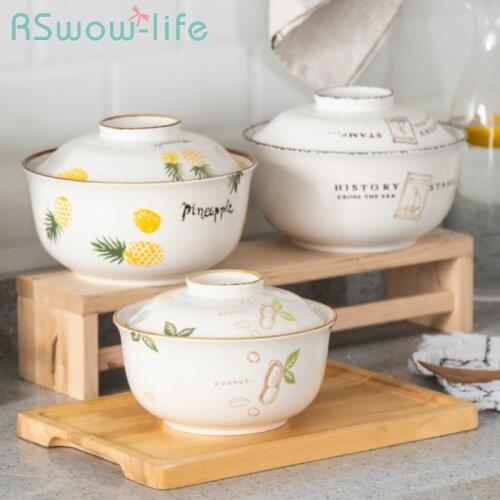 Instant Noodle Bowl with Lid Household Fresh-keeping Bowl Ceramic Creative Soup Bowl Noodle Bowl Simple Large Soup Basin