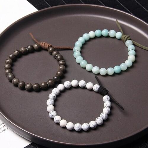 New Fashion Leather Cord Charm Natural Stone Bracelet Alabaster Black Malachite Bead Unisex Bracelets Casual Free Style Jewelry