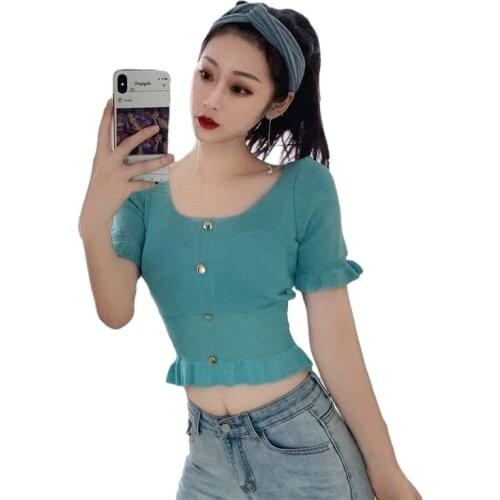 Skinny T-shirts Girls Cropped Slim Fashion Knitting Pullovers Vintage Tee Summer Tops Solf Woman Slim Ruffles Crop Sweaters Pink
