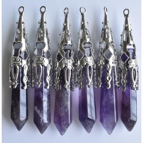 Retro Natural Gem Stone Pendulum for Divination Wicca Birthstone Natural amethysts Stone Pendants Wholesale 6pcs/lot free