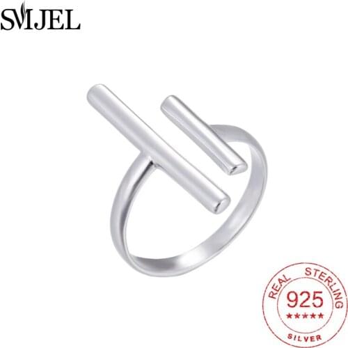 SMJEL Solid 925 Silver Long Bar Rings Open Wedding Engagement Jewelry Classic Geometric Couple Ring Bar Women Party Gifts