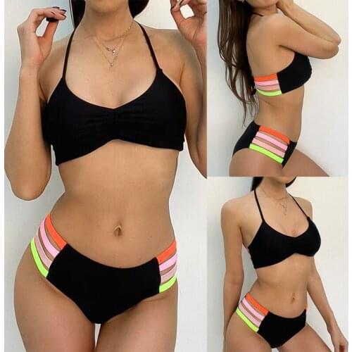 Knotted Mid Waist Halter Bikini Women Swimwear Female Swimsuit 2-Pieces Bikini Set Splicing Bathing Suit Swim