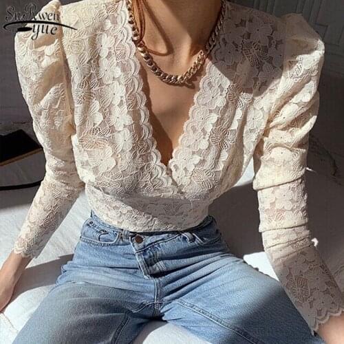 Vintage Deep V-neck Long Sleeve Women Shirts Sexy Lace Blouse See Through Puff Sleeve Chic Lace Shirt Blusas Mujer 13470