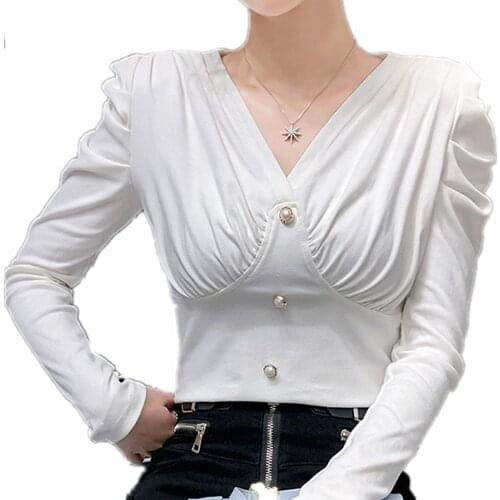 2021 Women V-Neck Solid Lantern Sleeve Blouse Balloon Sleeve Elegant Crop Top And Blouse Casual Fashion Sexy Deep Button Shirts