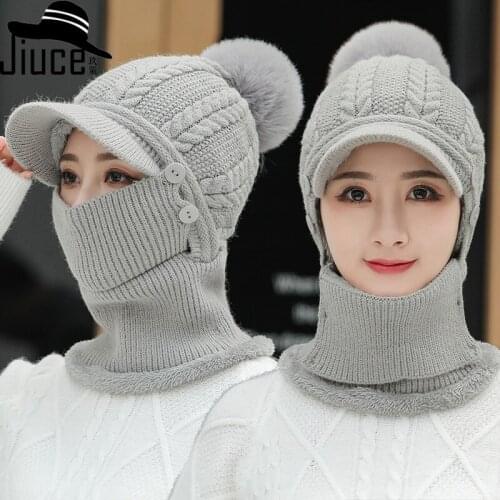 Border Hat Bib One Piece Knitted Hat Womens Winter Ear And Face Protection Plush Wool Korea Solid Color Warm Cap