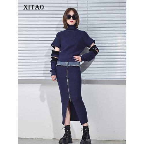XITAO Knitting Women Dress Sets Two Piece Set Women Fashion New Pullover Patchwork Knitted Top Elastic Waist Split Skirt ZY1813