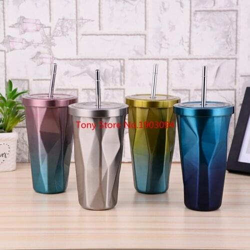 10pcs/lot Creative Coffee Mug With Straw 500ml Double Wall Stainless Steel Gradient Diamond Shaped Vacuum Insulation Bottle Tour