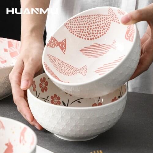 6 Inch Salad Bowl Japanese Hand Painted Relief Ceramic Underglaze Tableware Home Restaurant Instant Noodle Bowl Ramen Soup Bowl