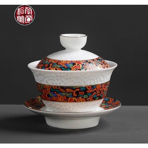 Enamel coloured tea cup ceramic Kungfu tureen restore ancient Chinese style lacquer hand grasp cover bowl tea set teaware
