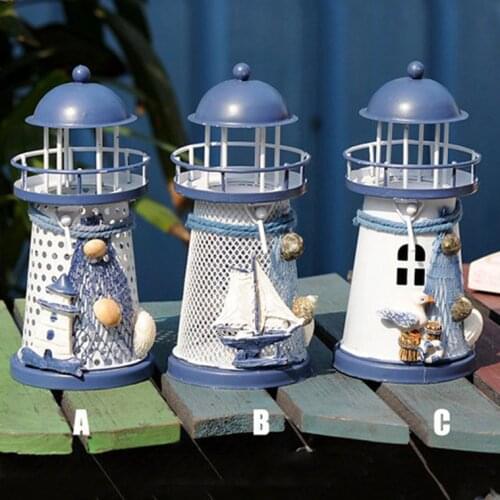 Figurines Candle Holders Mediterranean Lighthouse Candle Candlestick Blue White Home Table Decor Candelabros Decor Gifts 19OCT9