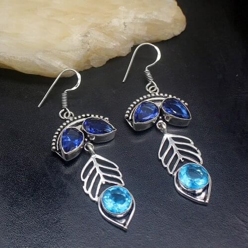 Gemstonefactory Big Promotion Single Unique 925 Silver Vintage Blue Topaz Women Ladies Gifts Dangle Drop Earrings 20212199