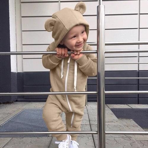 2021 6M-24M New Solid Funny Ears Zipper Hooded Solid Cute Spring Fall Romper Baby Girl&Boy Clothes Onesie Newborn Baby Kleding