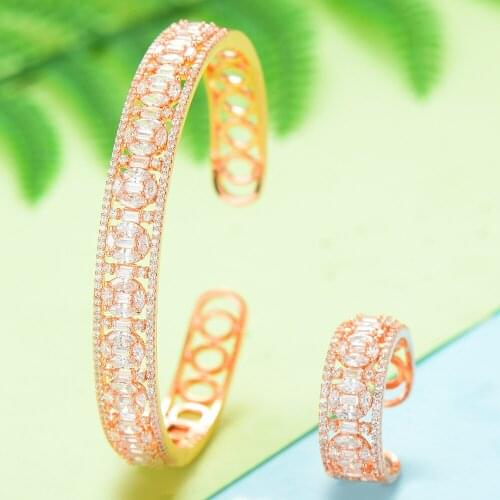 LARRAURI Exquisite Deluxe Full Cubic Zircon Bangle Cuff Bracelet Ring Geometry Saudi Arabia Wedding Bracelet Ring Jewelry Sets