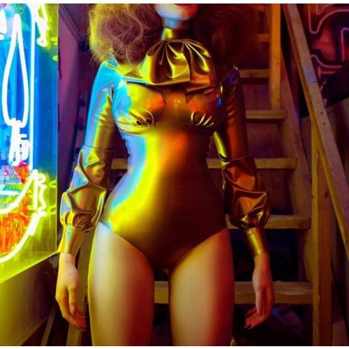 Fashional metallic gold latex Zentai womens latex Fetish tights with long sleeve design