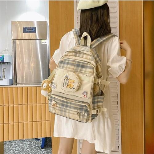 Fashion Bear Check Nylon Women Backpack Large Capacity Travel Backpacks Ladies Laptop Pack Sschool Bags for Teenage Girls 2021