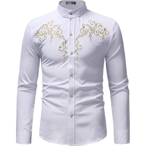 Mens White Embroidery Mandarin Collar Dress Shirt 2020 Brand Slim Fit Long Sleeve Men Shirt Party Business Casual Chemise Homme