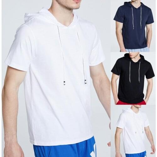 Men Short Sleeve Solid Color Skin-friendly Hooded Drawstring T-shirt Pullover Tee Shirt for Daily Wear