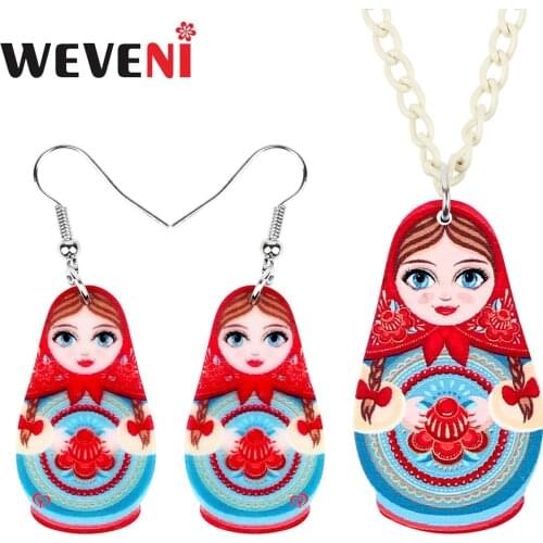WEVENI Acrylic Lovely Russian Matryoshka Doll Toy Jewelry Sets Necklace Earrings For Women Teens Girls Fashion Gift Decorations