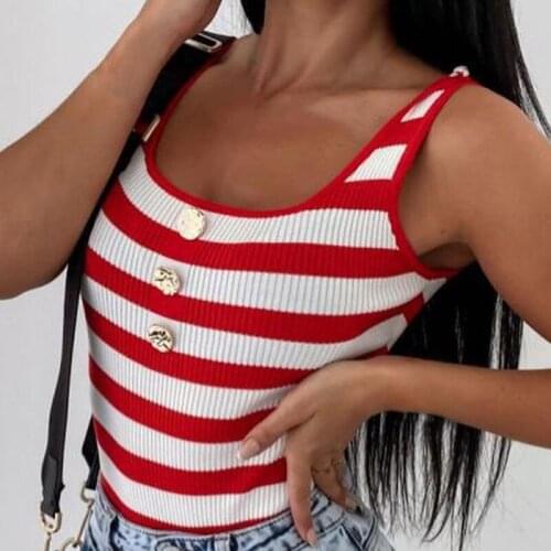 2021 New Womens T-shirts Sleeveless Summer Tank Tops U-Neck New Sexy Button Stripe Big Size Casual Shirt Ladies Tops