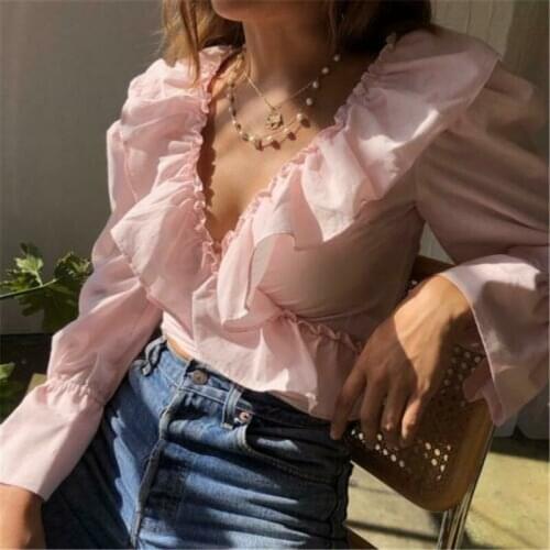 New Arrival Womens Elegant Ruffles Tops V-neck Long Sleeve Ruffled Blouse Slim Fit Casual Solid Shirt OL Office Lady