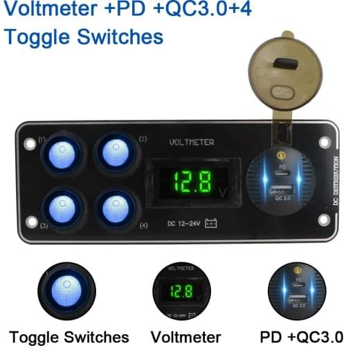 4 Gang Switch Panel Car Push Button Voltmeter 12-24V Car charging QC3.0 PD For Car RV Truck ATV UTV Camper Caravan