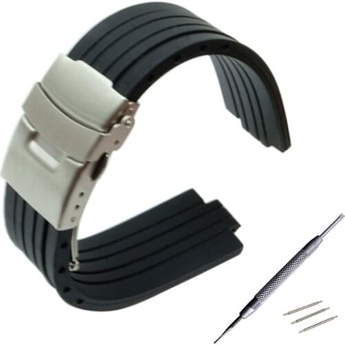 22mm x 12mm Convex Mouth Watchband Silicone Rubber Watch Band Stainless Steel Safety Buckle Strap Wrist Bracelet + Tool