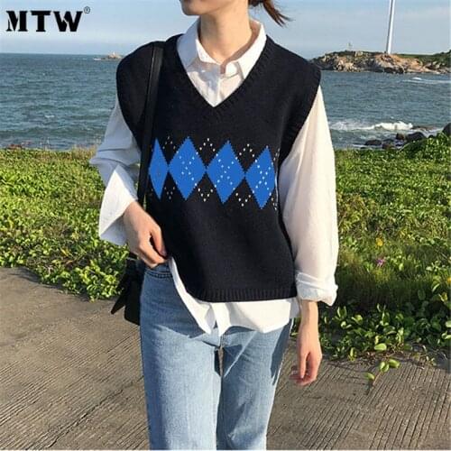 Spring Autumn Knitted Sweater Women Sleeveless V-Neck Casual Vest Tops 2020 Vintage Geometric Argyle Korean Office Pullover