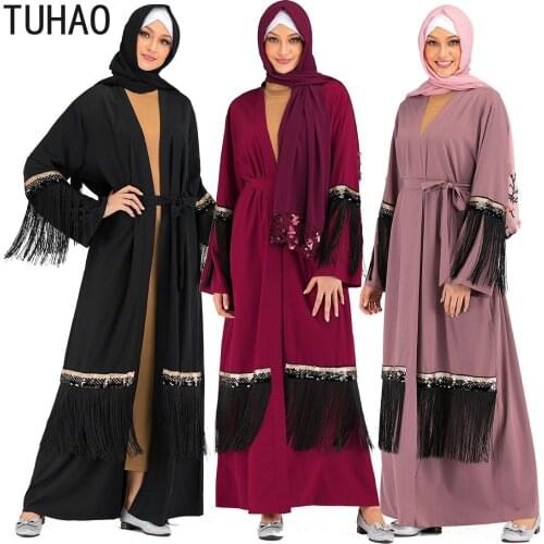 TUHAO Plus Size Sequined Tassel Muslim Abaya Long Sleeve Black Dresses Elegant Women Cardigan Long Dress Ramadan Robe WM19