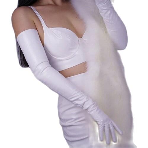 WomenS Patent Leather Long Gloves 70cm Long Elbow Simulation Leather PU Leather Gloves Mirror Bright Leather Bright White TB73