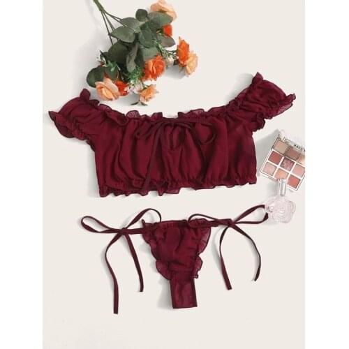 Women Pleated Mesh Lingerie Set Sweet Cute Off-shoulder Strapless Tops Briefs Babydoll Sleepwear Underwear Set Sexy Lingerie