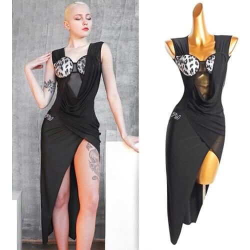 2021 Latin Dance Dress Women High Slit Sexy Dress Mesh Leopard Latin Competition Clothes Tango Rumba Irregular Dress VDB3376