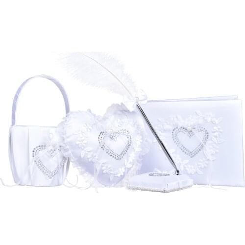 Wedding Party Supplies Bride Ring Pillow Box Feather Ball-point Pen Rhinestone Heart Flower Basket Set