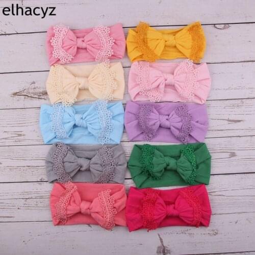 10pcs/lot New Cute Wide Nylon Headbands Edging Lace Trim Nylon Bow Head Wrap Nylon Headwear Turban Baby Girls Hair Accesseries