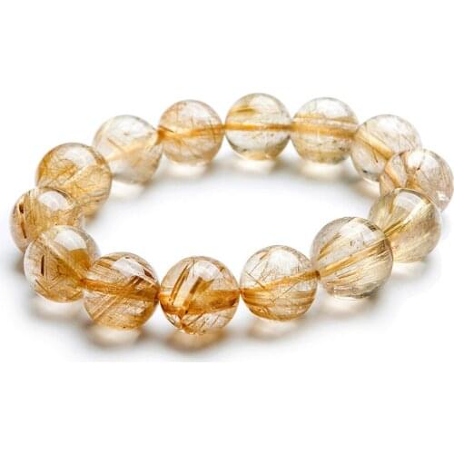 16mm Brazil Natural Gold Yellow Hair Titanium Rutilated Quartz Crystal Mens Bracelet Stretch Powerful Round Bead Bracelet