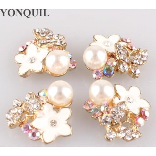 20Pcs/Lot 15*18 MM Flower Oil Drip Wedding Bouquet Peal Rhinestone Buttons Flat Back Pearl Button Gold Plating Accessory MYQB099