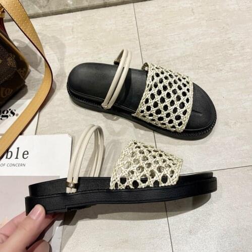 2021 new black round toe short foot shoe basket braided belt ladies slip-heel sandals super versatile female Womens Sandals
