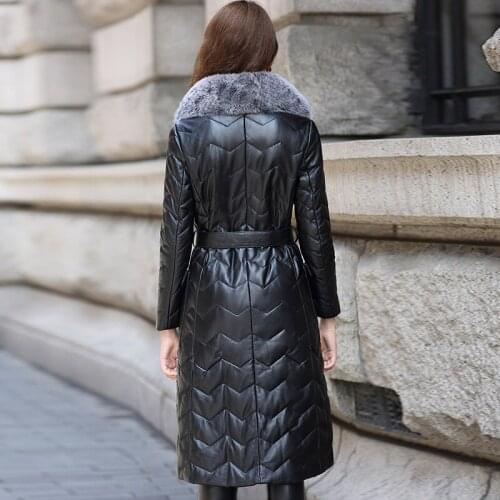 Brand Winter 100% Real Leather Overcoat Female Streetwear Fox Fur Collar Warm Coat Fashion 2020 Black Belt Women Down Jacket