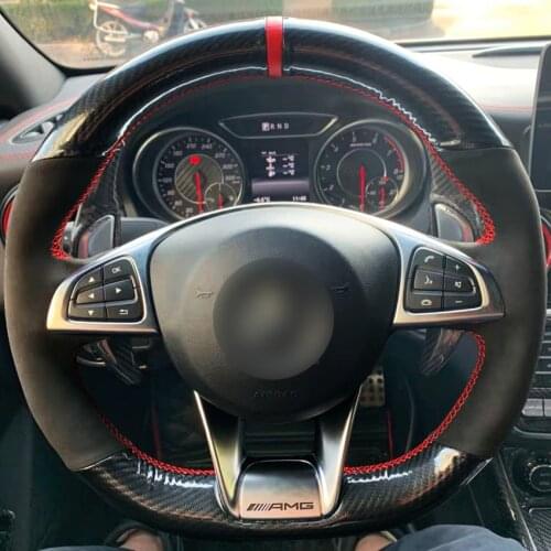 For Mercedes-Benz A45 AMG W205 C43 C63S AMG CLA45 CLS63 AMG GLC 43 63 AMG Black Suede Carbon Fiber Steering Wheel Cover