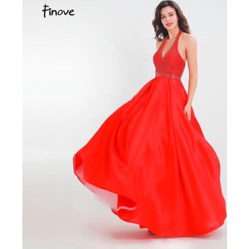 Finove Red Reflective Dress 2020 New Satin Dress Sexy Halter Crystals Beading Pockets A Line Dress Party Dress Gowns For Women