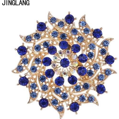 JINGLANG Fashion Gold Color Brooches Pins Rhinestone Large Flower Brooches For Women Wedding Cloths Decoration Jewelry