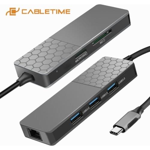 CABLETIME Type C HUB to LAN Ethernet USB3.0 Multi Hub Fast transmission Blue Light for Macbook Air Matebook Lenovo PC C286