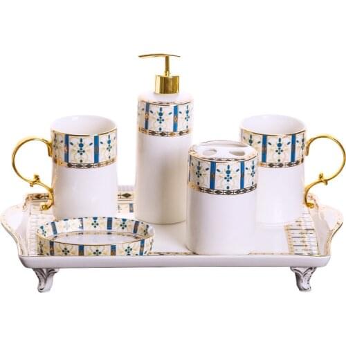 Bathroom Ceramic Wash Set Soap Dispenser Toothbrush Holder & Cups WIth Tray Nordic Style Lavatory 5-6 Pieces Set Wedding Gift